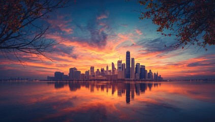 Sunset scene of a cityscape with tall buildings beside a river, highlighting waterfront skyline at dusk
