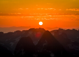 The Mountain Landscape in Yangshuo at Sunset Guilin