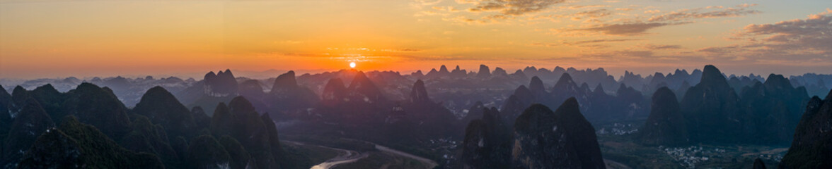 The Mountain Landscape in Yangshuo at Sunset Guilin