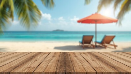Fototapeta premium Beachside scene with a wooden table and chairs under a parasol, ideal for layout backgrounds or product montage, World Beach Day