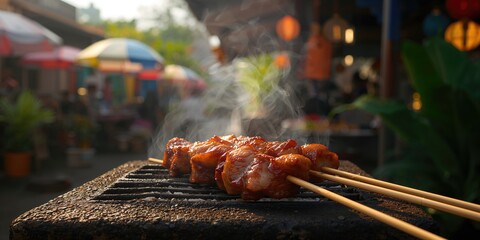 Thai pork satay with charred edges on skewers, highlighting grilled meat for a flavorful snack