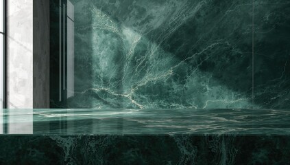 Naklejka premium Marble countertop with a green hue serving as a backdrop for interior decor and functional surfaces