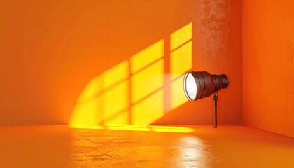 Bright Orange Room With A Spotlight Casting Geometric Shadows From A Window Onto A Textured Wall And Wet Floor