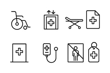 Medical line icons set featuring wheelchair, stretcher, and medical equipment symbols
