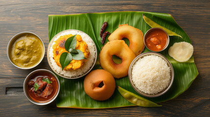 Traditional South Indian Breakfast Tiffin Served on Banana Leaf.
