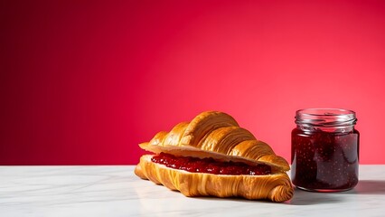 Golden flaky croissant filled with red raspberry jam next to a glass jar, delicious breakfast pastry on marble National Croissant Day