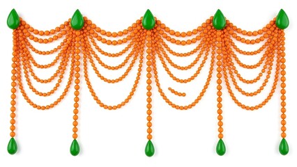 Orange bead garland with green teardrop accents hanging against white background