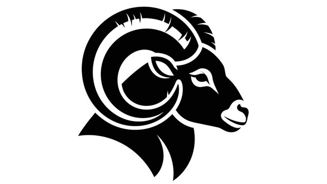 Detailed Ram Head Profile Silhouette, Majestic Horned Animal Design on Isolated White Background