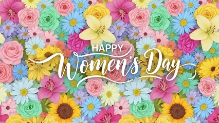 Happy womens day colorful floral banner with text overlay on flowers