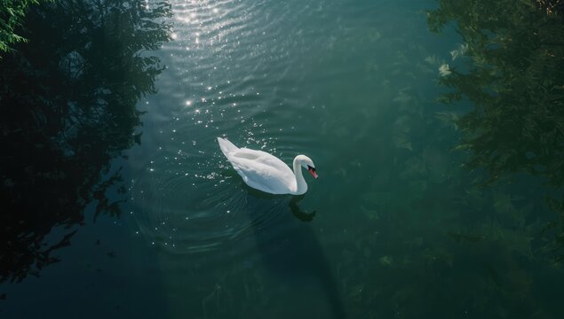 Summer scene with a white swan swimming on a lake surface, suitable for scenic layouts