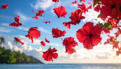 Bright red hibiscus flowers falling against a clear blue sky with fluffy white clouds over a tropical ocean and lush green island