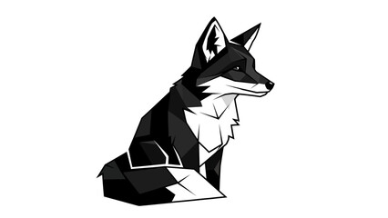 Obraz premium Geometric black and white fox sitting and looking to the side, modern abstract animal design, isolated white background