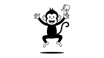 Playful black and white monkey jumping and holding a hammer, cheerful cartoon character, isolated white background © purwo