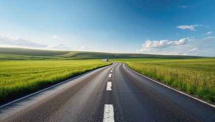 Fototapeta premium Rural pathway through open fields, suitable for scenic drives and seasonal travel planning