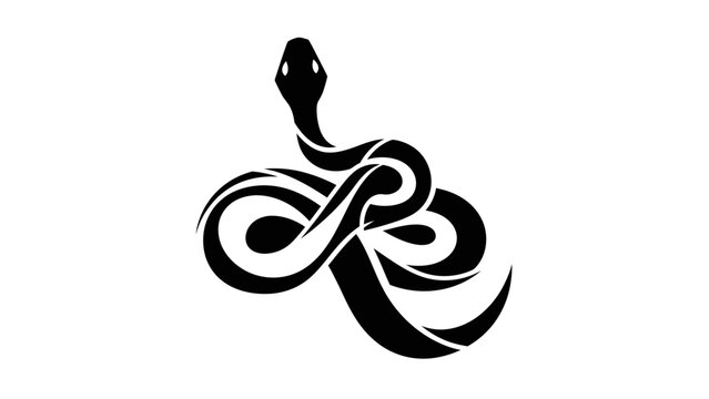 Coiled black and white abstract snake with tribal patterns, mysterious design, powerful reptile, isolated white background