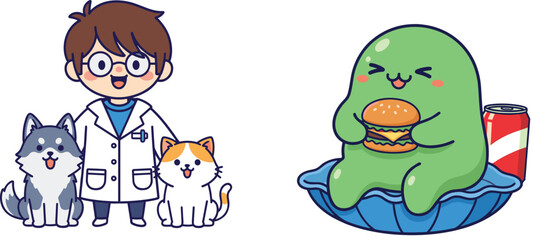 Obraz premium Cute cartoon veterinarian boy with pets and funny monster eating burger playful illustration set