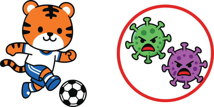 Cute cartoon tiger playing soccer avoiding virus germs kids health and sports illustration concept