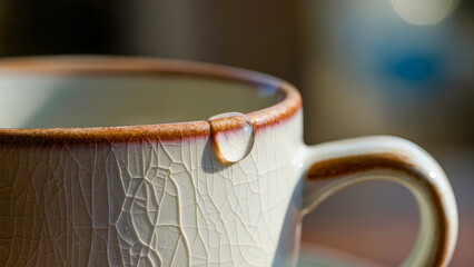A close-up of a detail from an antique or designer cup. A single drop of drink freezes on the brown rim, highlighting the delicate crackle pattern in the light glaze. The soft bokeh in the background 