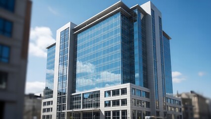 Modern Glass Office Building Under Blue Sky