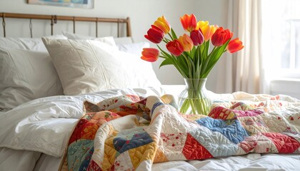 Bright Tulips In A Vase On A Quilted Bed With White Linens And Natural Sunlight Through The Window