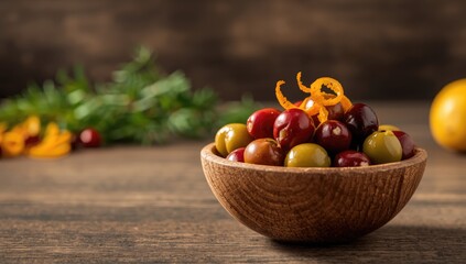 Colorful olives paired with citrus zest, highlighting vibrant flavor combination for a Mediterranean appetizer