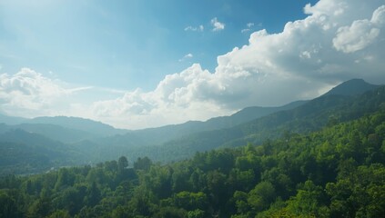 Fototapeta premium Cloudy sky over lush green mountains, suitable for scenic backdrop, Earth Day
