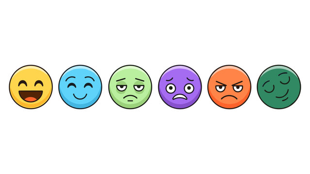 Colorful set of emoji faces displaying a range of emotions in flat design