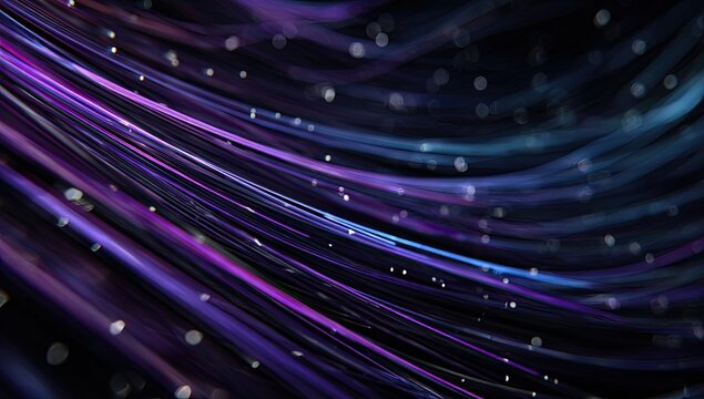 Wavy, glowing, purple and blue light trails with bokeh on a dark background