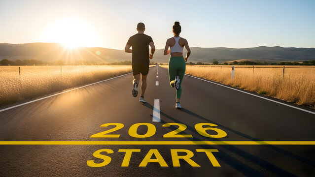 Two people running on the road with the words 2026 start