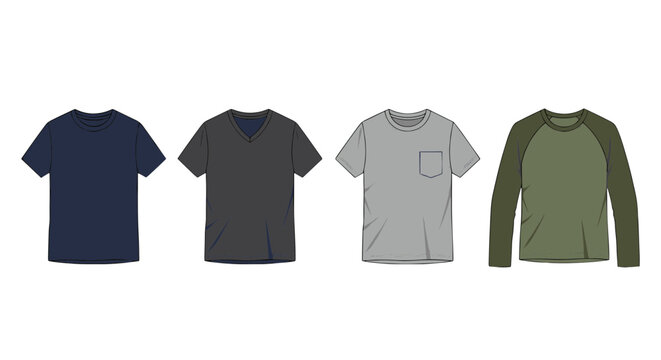 A diverse collection of four essential men's t-shirt styles, featuring crew neck, v-neck, pocket tee, and long-sleeve raglan designs, perfect for casual everyday fashion
