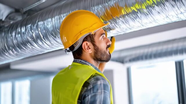 Medium shot of a technician installing ducted HVAC system with visible air ducts and ceiling vents in a residential interior setting.