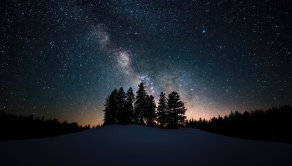 Fototapeta premium Night scene with silhouetted trees against a star-filled sky, emphasizing seasonal change, Earth Day