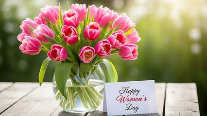 Happy womens day greeting card with pink tulips bouquet on wooden table outdoors