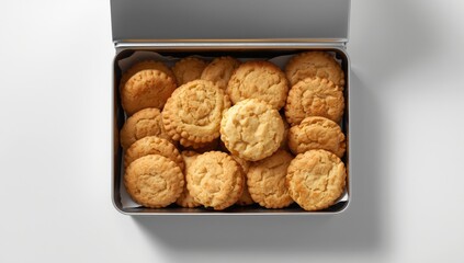Set of shortbread biscuits in an open container highlighting baked pastry for breakfast options