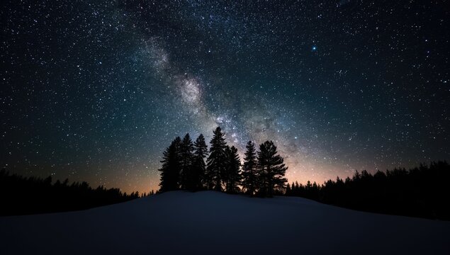 Night scene with silhouetted trees against a star-filled sky, emphasizing seasonal change, Earth Day