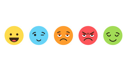 Colorful round emoji faces expressing varied emotions in flat design