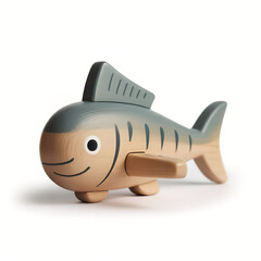 Minimalist Handcrafted Wooden Fish Toy with Natural Grain and Grey Painted Accents Isolated on White Background