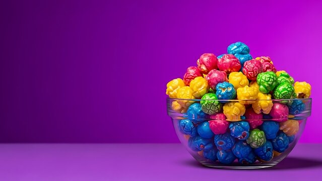 Vibrant rainbow colored candied popcorn in a glass bowl against a purple background, festive party snack