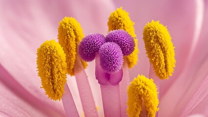 Close up of a flower stamen with yellow anthers and purple stigma