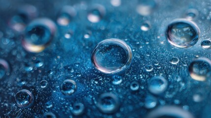 Multiple drops of water are on a blue surface. Light reflects in various ways on the drops. This close up shows intricate details and patterns created by the water.