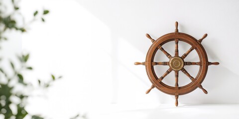 Obraz premium Brass and wooden ship's wheel used in maritime navigation, machinery maintenance