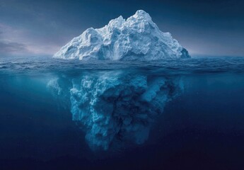 Iceberg with visible above & underwater portions floating in deep blue sea