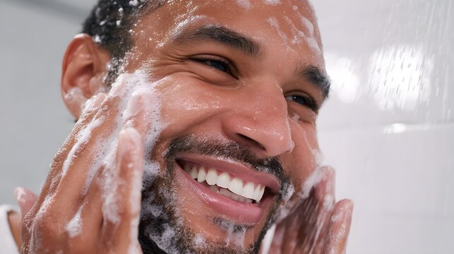 Close-up of a smiling Black man washing his face with soap and water.