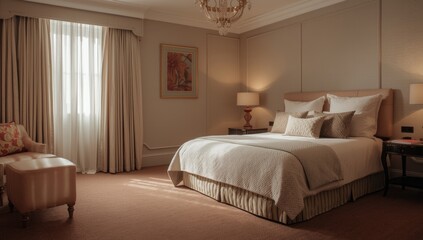 Hotel bedroom interior featuring a spacious double bed, emphasizing hospitality and restful space