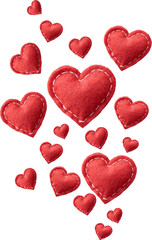 flying red felt hearts isolated white background, fuzzy fabric texture with visible white stitching along edges, floating arrangement for valentine's day, romantic greeting cards, or craft project