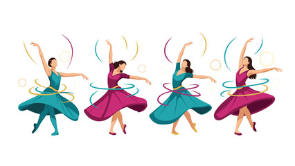 Four elegant female dancers in beautifully flowing colorful dresses, alternating between blue and pink, gracefully performing a ballet or contemporary dance with artistic swirling ribbons.