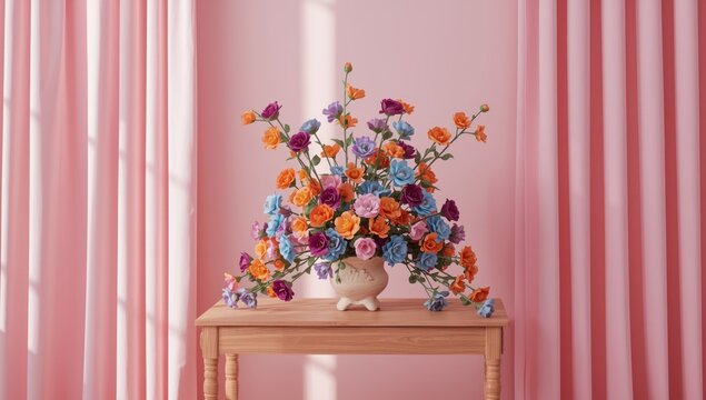 Synthetic floral display on a pink surface serving as a visual element in layout design
