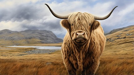 A shaggy Highland cow with long curved horns standing in a windswept moorland near distant mountains