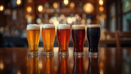 Various craft beers served in pub glasses arranged on a reflective surface, highlighting drink diversity