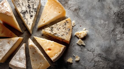 A variety of gourmet cheeses arranged in a circular pattern on a rustic stone surface. This image features different textures and colors, showcasing the diversity and appeal of artisanal cheeses.